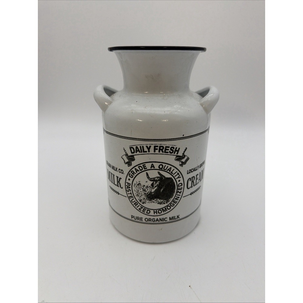 White Enamel Milk Can Pitcher Vase Farmhouse Dairy Cow Rustic Decor Metal 8"